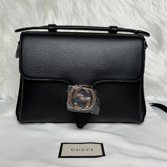 Gucci Interlocking Black Leather Chain Crossbody - Picture 1 of 13